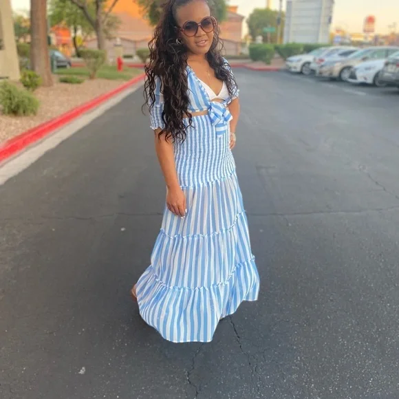 Blue striped two piece cover up with maxi high waisted skirt - Picture 6 of 6